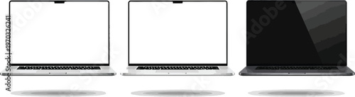 Three modern laptops are displayed side-by-side with varied screen brightness levels.