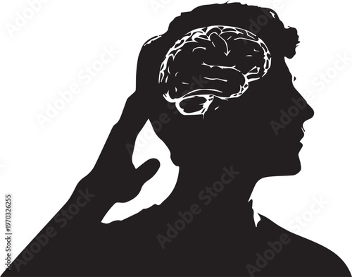 Silhouette of a man's head with hand touching temple and visible brain