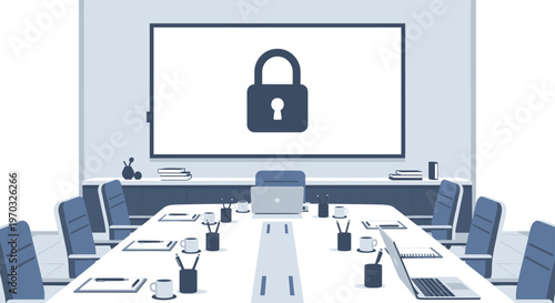 An empty meeting room with a long table and chairs features a large screen displaying a dark blue padlock icon.