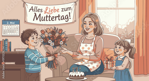 A cartoon illustration of a mother receiving flowers and a birthday cake from her two children in a cozy living room with a banner reading 'Alles Liebe zum Muttertag!' in a warm and joyful