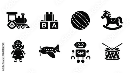 A collection of black silhouette icons depicts various classic children s toys including a train blocks and a rocking horse