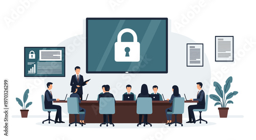 A presenter addresses seven attendees around a brown conference table with a large screen displaying a white padlock and a smaller data screen.