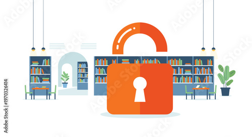 A large orange open padlock is centrally placed in the foreground of a library interior with bookshelves and tables.
