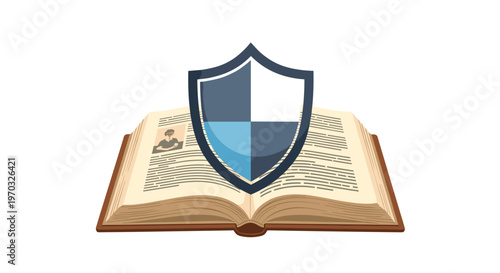 An open book with visible text and an image has a blue and gray shield icon placed on its pages against a white background.