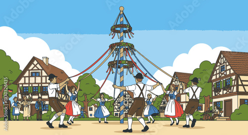 Illustration of people in traditional clothing dancing around a maypole in a quaint village with half-timbered houses and a clear blue sky.