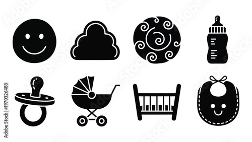 A collection of black silhouette icons depicting baby related items including a bottle pacifier and stroller high quality professional detailed modern