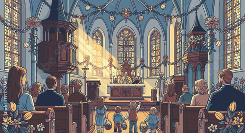 Illustration of a congregation sitting in a church with stained glass windows and ornate decorations, viewed from behind, conveying a sense of reverence and community.