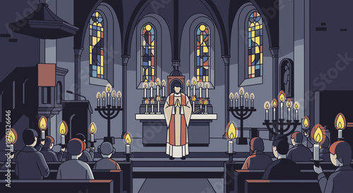 Illustration of a priest standing at a lectern in a dimly lit church with stained glass windows and congregants seated in pews.