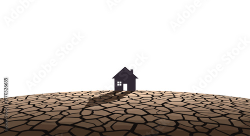 A dark house silhouette stands on a severely cracked dry earth surface against a stark white background.