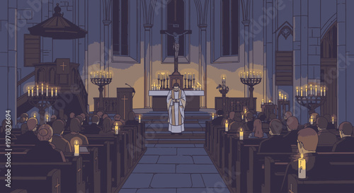 A bride in a white wedding dress stands at the altar in a dimly lit church with rows of pews and lit candles, viewed from behind the congregation.