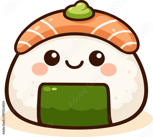 kawaii onigiri with salmon in flat vector style, smiling rice ball character with seaweed and fish topping, soft colors and clean shapes, isolated on white background, suitable for kids design