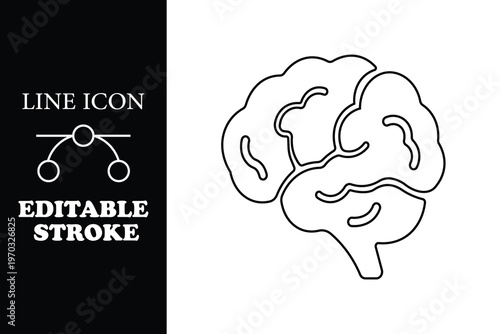 Black line of a brain on white background with editable stroke line editable stroke
