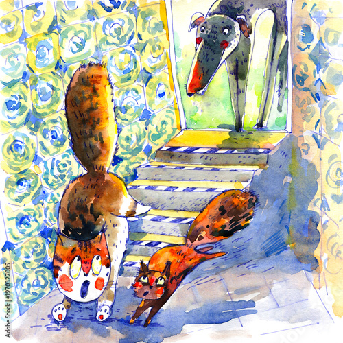 Watercolor Illustration of Dogs and Cat