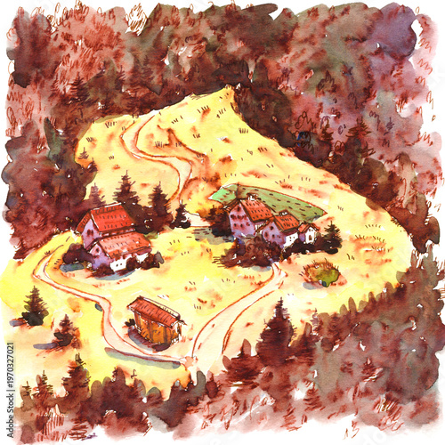 Watercolor Painting of Alpine Village Scene