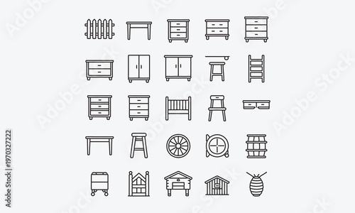 Thin line icon set, fence, table, chest of drawers, wardrobe, dresser, rack, stool, crib, cutting board, wheel, barrel, farm, hive. Vector illustration