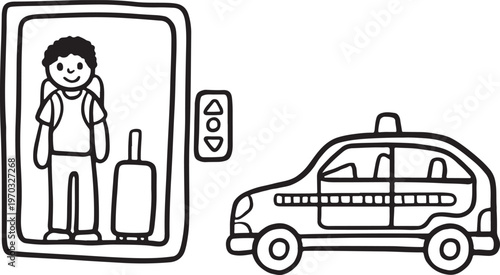Person in elevator with luggage and car with line art with hand drawn