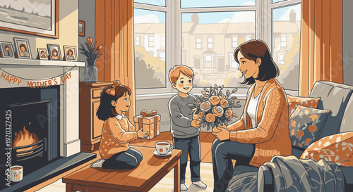 A woman sits on a couch holding flowers while a boy stands beside her and a girl sits on the floor in a cozy living room with a fireplace and warm lighting.
