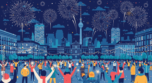 Illustration of a vibrant nighttime cityscape with fireworks exploding above a crowd of people celebrating in front of a modern skyline.