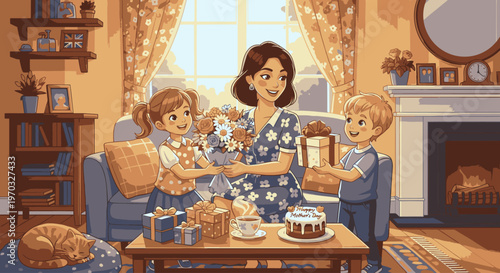 A woman and two children sitting on a couch in a cozy living room with a fireplace, enjoying cake and tea together.