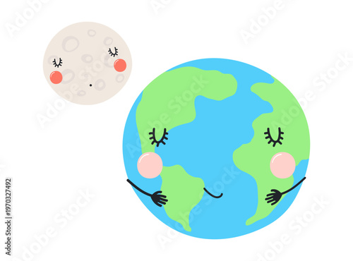 Earth, Moon with cute face illustration isolated. Cartoon character. Earth hour, environment day, nature protection awareness, sustainability. Hand drawn flat vector, space design element, clip art