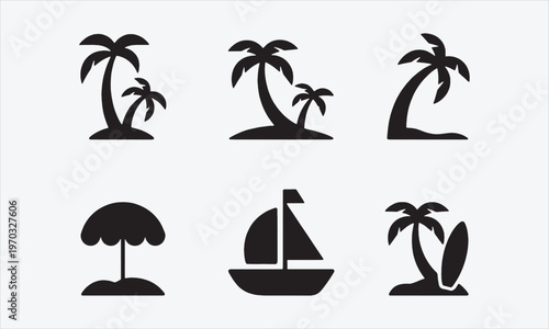 Tropical Beach Silhouette Icons Vector, vector illustration