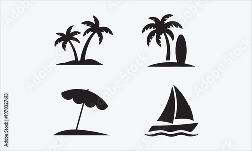 Tropical Beach Silhouette Icons Vector, vector illustration