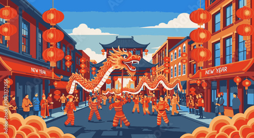 Vibrant illustration of a Chinese dragon dance performance on a street lined with red lanterns and buildings under a blue sky with white clouds.