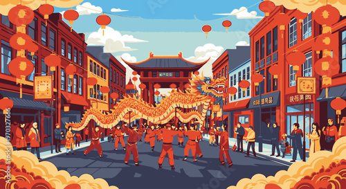 Illustration of a vibrant street scene with people performing a lion dance in traditional red costumes, surrounded by buildings, lanterns, and decorations in a festive atmosphere.