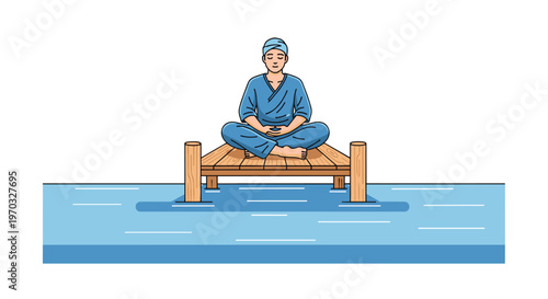 A person in a blue robe sits cross-legged on a wooden dock over calm blue water, meditating with eyes closed.