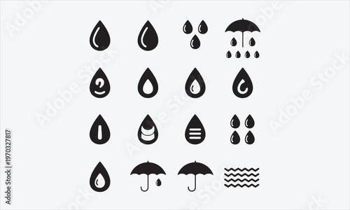 Waterproof icon set. Containing Water Protection, Water Resistant, Drops, Moisture, Anti Wetting Material, Hydrophobic, Weatherproof. vector illustration