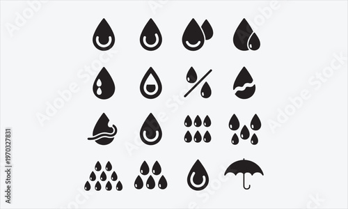Waterproof icon set. Containing Water Protection, Water Resistant, Drops, Moisture, Anti Wetting Material, Hydrophobic, Weatherproof. vector illustration