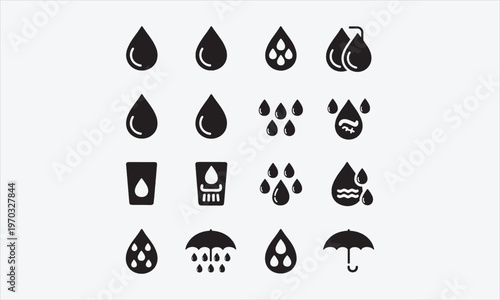 Waterproof icon set. Containing Water Protection, Water Resistant, Drops, Moisture, Anti Wetting Material, Hydrophobic, Weatherproof. vector illustration