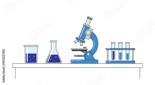 A blue microscope, beaker, conical flask, and test tube rack with three test tubes containing blue liquid are arranged on a white lab bench.
