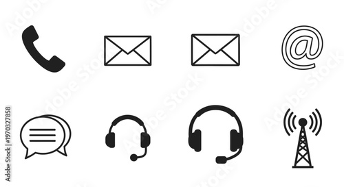 Contact icons phone email chat headphones and signal symbols