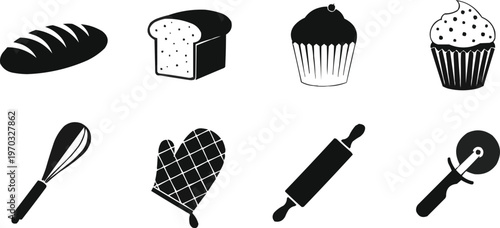 Variety of black baking icons: baguette, loaf bread, cupcake, whisk, oven mitt, rolling pin, pizza cutter.