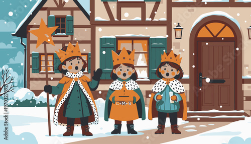 Three cartoon kings standing in front of a traditional house on a snowy day wearing crowns and robes with a festive mood.