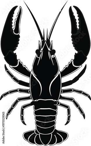 Black silhouette of a crawfish or crayfish, a freshwater crustacean with claws and antennae, isolated on white.