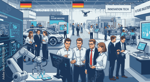 Illustration of a group of business professionals attending an automotive technology exhibition with robotic arms and cars on display in a futuristic setting.