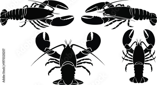 Set of black silhouette lobsters shown from different angles for seafood and ocean theme.