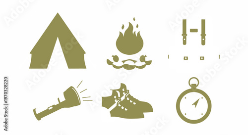 Camping equipment and supplies set isolated on white background