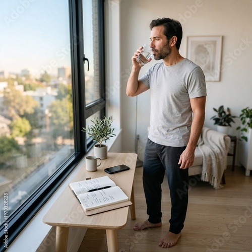 Refreshed bearded man drinking water relaxed beside open planners on windowsill urban view.