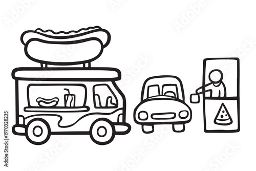 Hot dog food truck at drive-thru window with customer with street food with mobile food with fast food with food cart