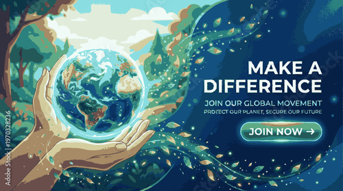 Hands holding glowing earth globe with leaves and forest background eco friendly message to make a difference