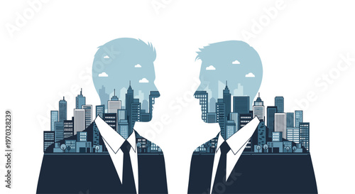 Two male head silhouettes face each other, filled with blue and gray cityscapes featuring numerous buildings and subtle clouds.