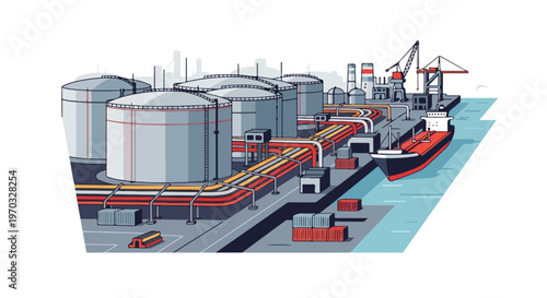 A flat-style vector image showing fuel storage tanks and connecting pipelines at a harbor terminal, designed with simple geometric forms, an industrial maritime logistics theme, and a white background