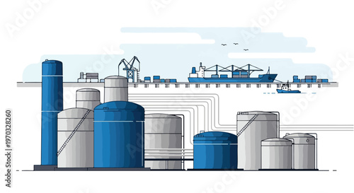 A flat vector illustration of large fuel storage tanks and pipelines near a port terminal, featuring an industrial maritime logistics concept, simple geometric shapes, and a white background.
