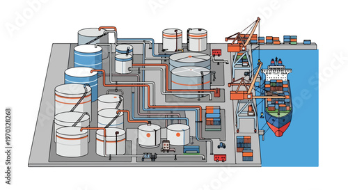 A clean flat vector illustration of fuel storage tanks and pipelines near a port terminal, incorporating simple geometric elements, an industrial maritime logistics theme, and a white background.