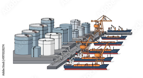 Flat vector illustration of large fuel storage tanks and pipelines near a port terminal, industrial maritime logistics concept, simple geometric shapes, white background
