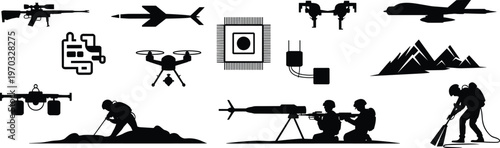 Black military silhouette set featuring drones soldiers with sniper rifles microchips missiles and combat mountain operations isolated on white background for defense and technology concepts