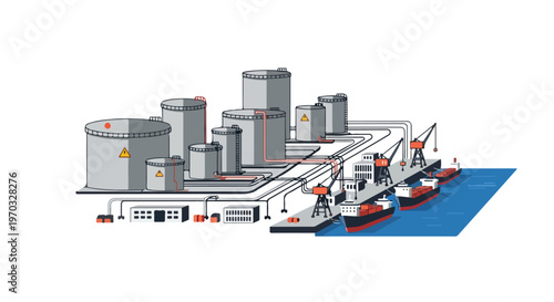 A minimal flat vector artwork depicting large fuel tanks and pipelines at a port facility, using simple geometric shapes, an industrial maritime logistics concept, and a white background.
